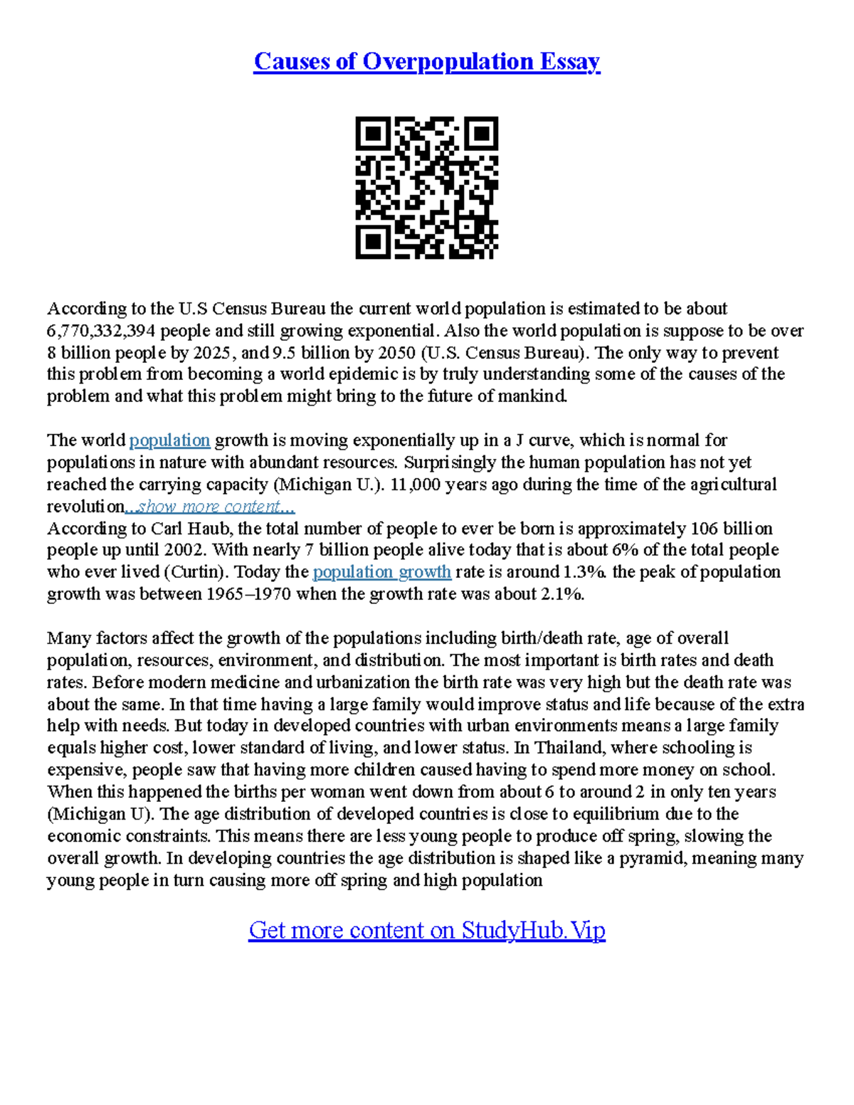 Causes Of Overpopulation Essays - Causes of Overpopulation Essay ...