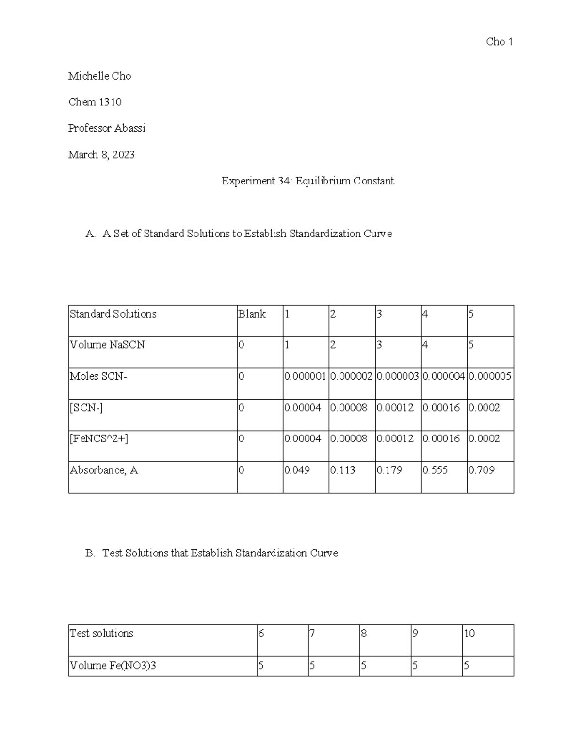 Chem 1310 Experiment 34: Equilibrium Constant Lab Report - Studocu
