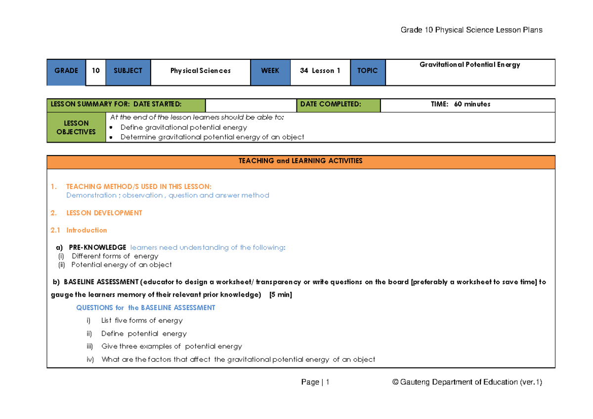 Grade 10 Physical Sciences Lesson Plans: Energy Concepts and ...