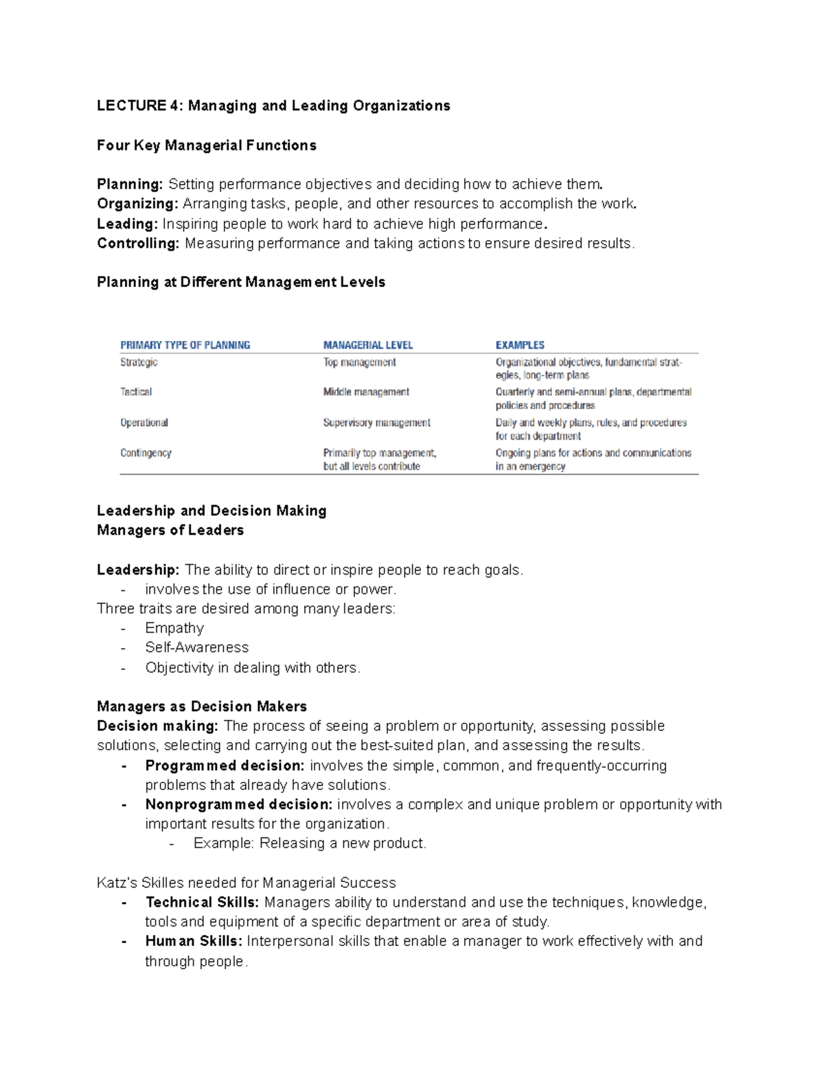 MGT100 C Lecture 4: Key Managerial Functions and Leadership Insights ...