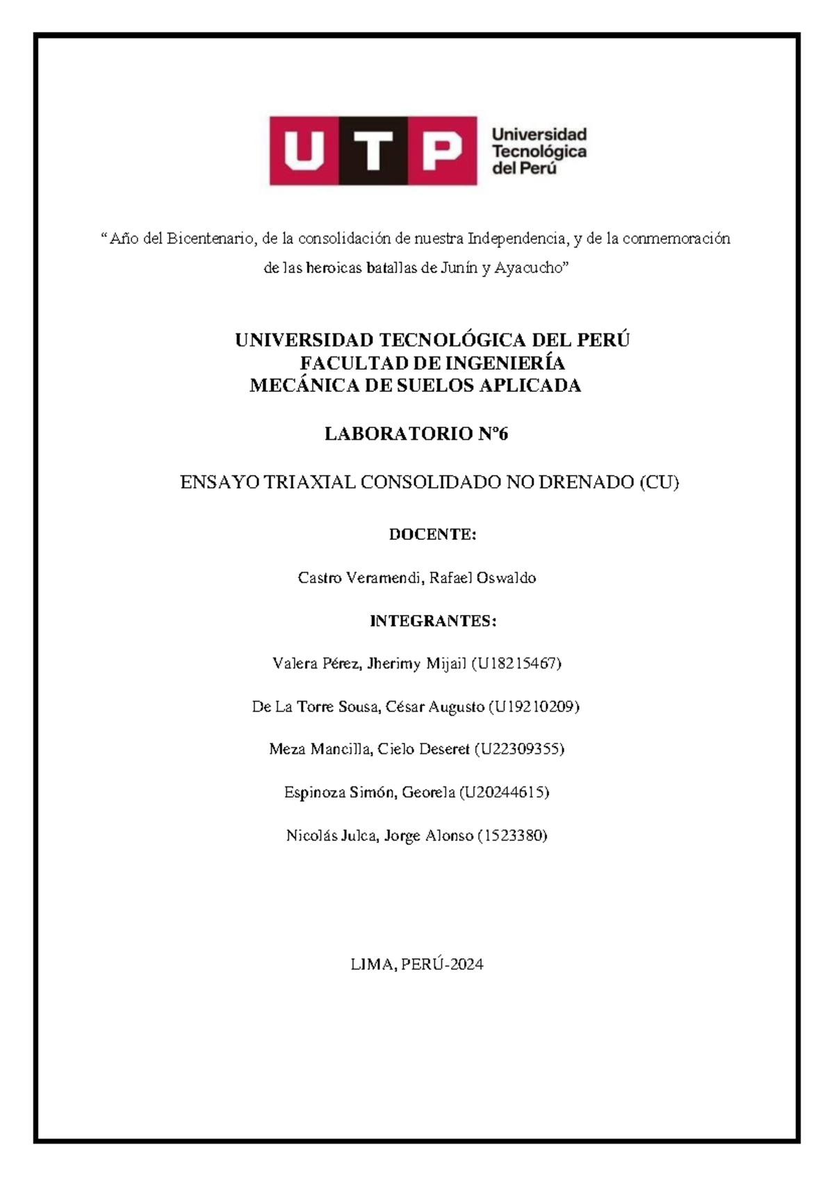 Laboratorio 06: Ensayo Triaxial Consolidado No Drenado (CU) - Document Preview