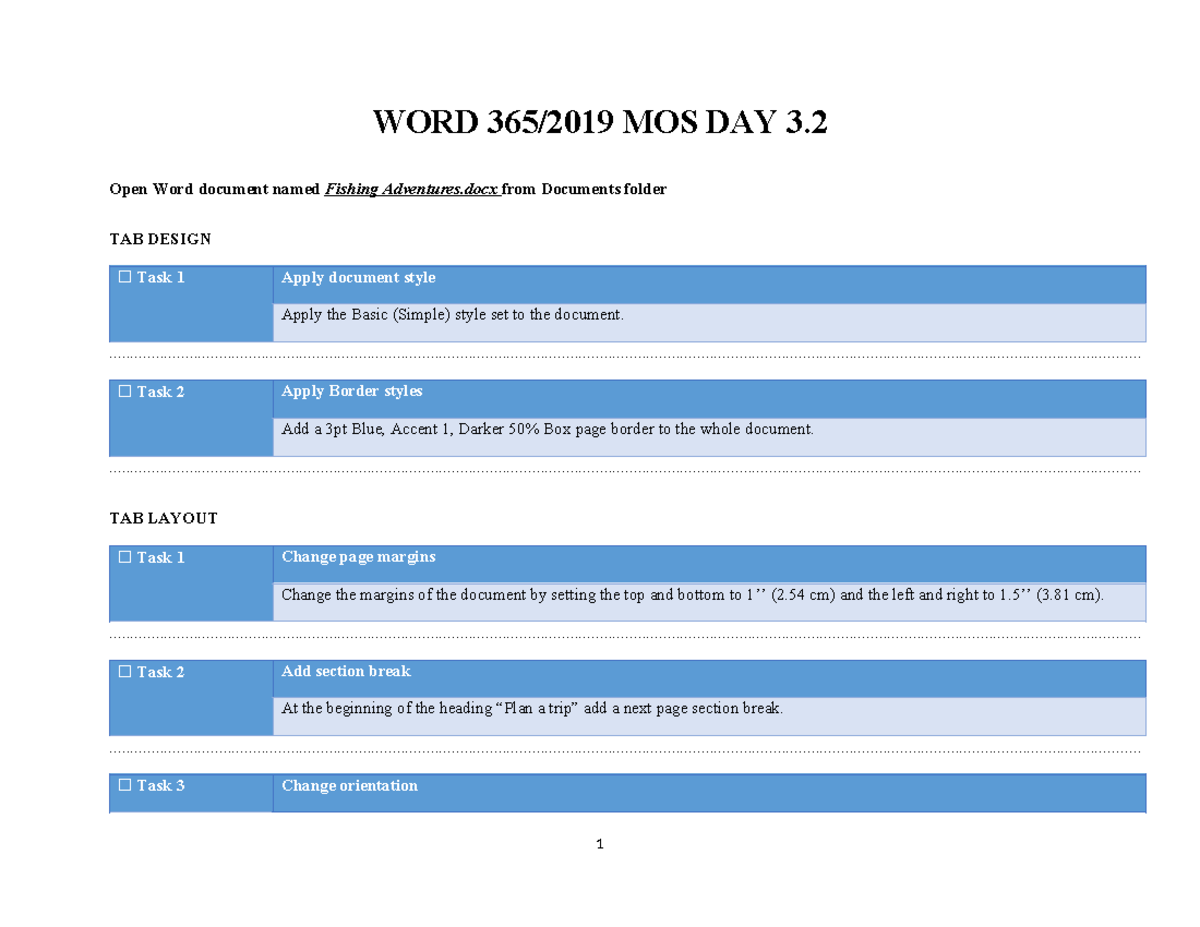 WORD 365/2019 MOS - Day 3 Practice Tasks and Instructions - Studocu