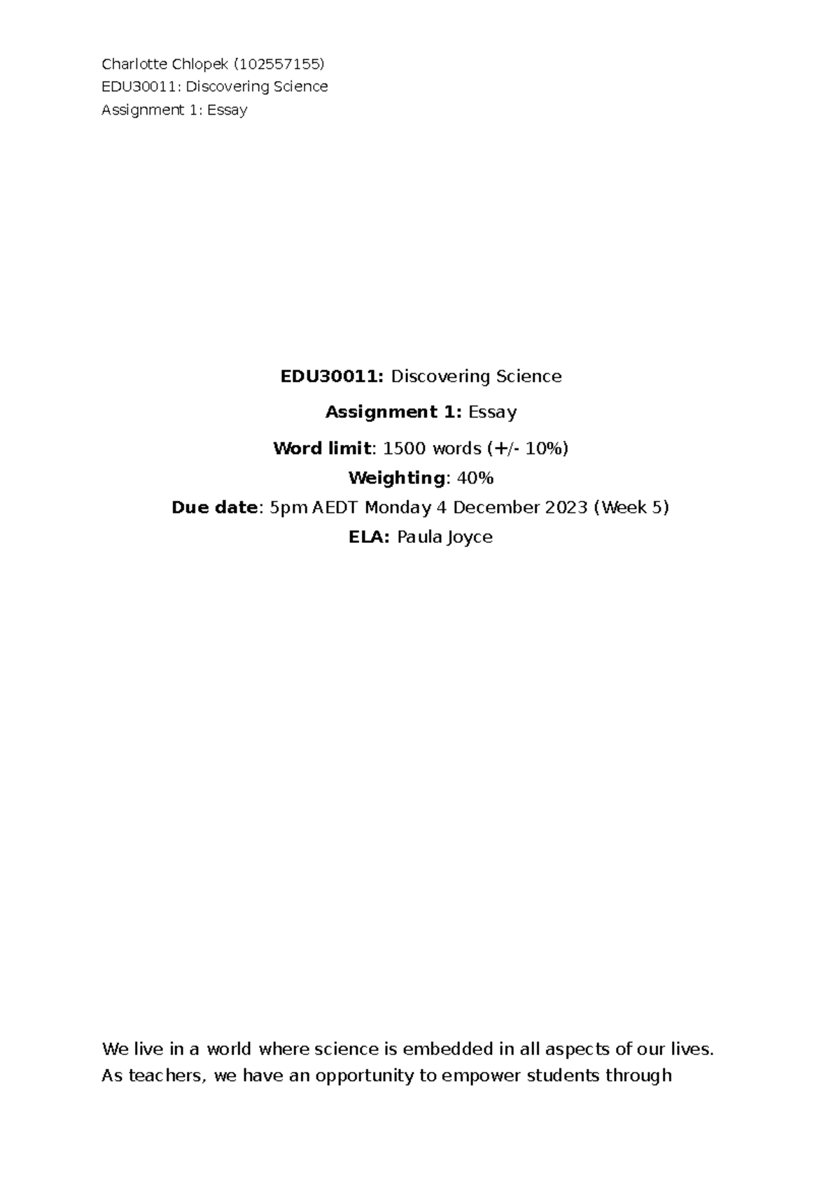 EDU30011 - Discovering Science: Assignment 1 Essay Insights - Studocu