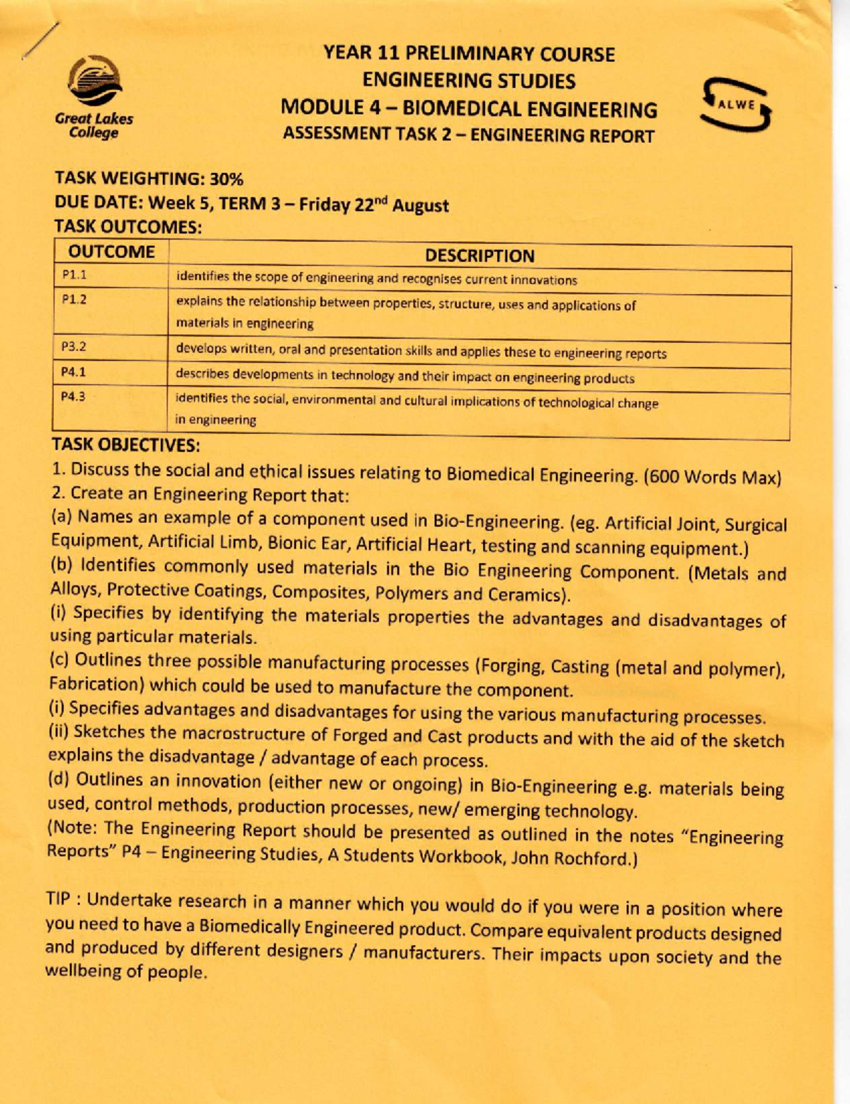 YEAR 11 ENGINEERING STUDIES ASSESSMENT TASK 2: BIOMEDICAL ENGINEERING ...