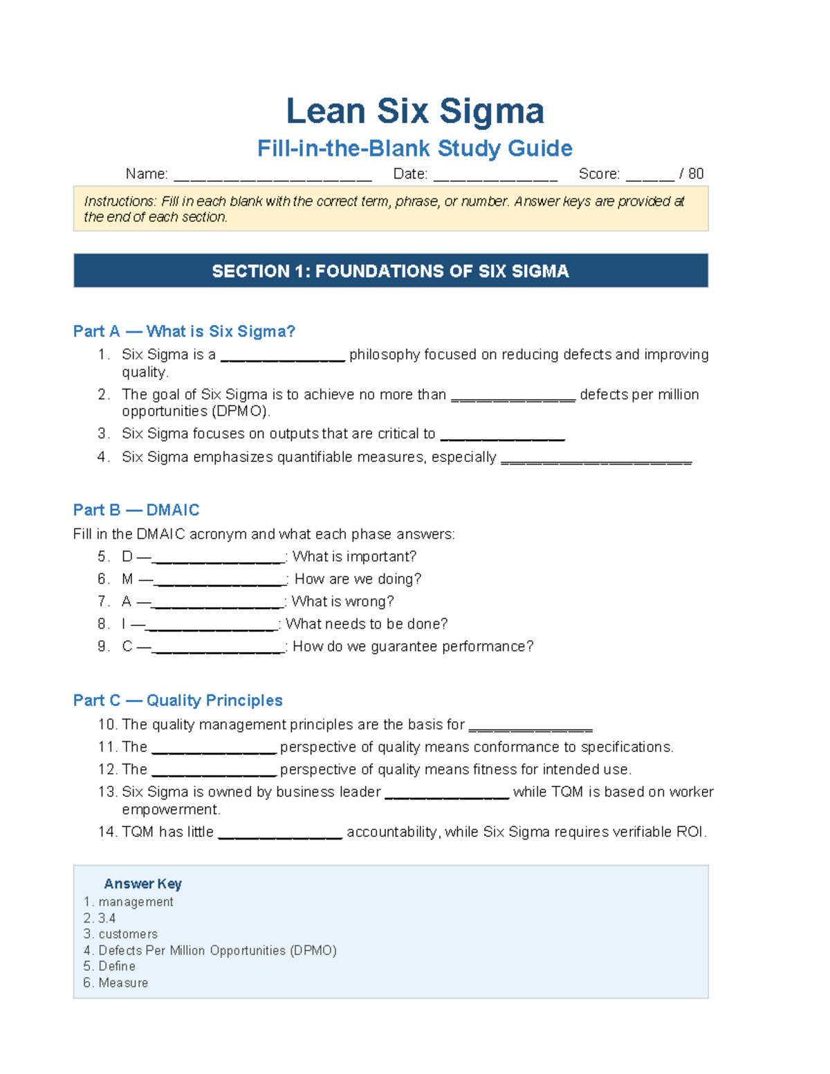Lean Six Sigma FITB Study Guide (Course Code: LSS101) - Studocu