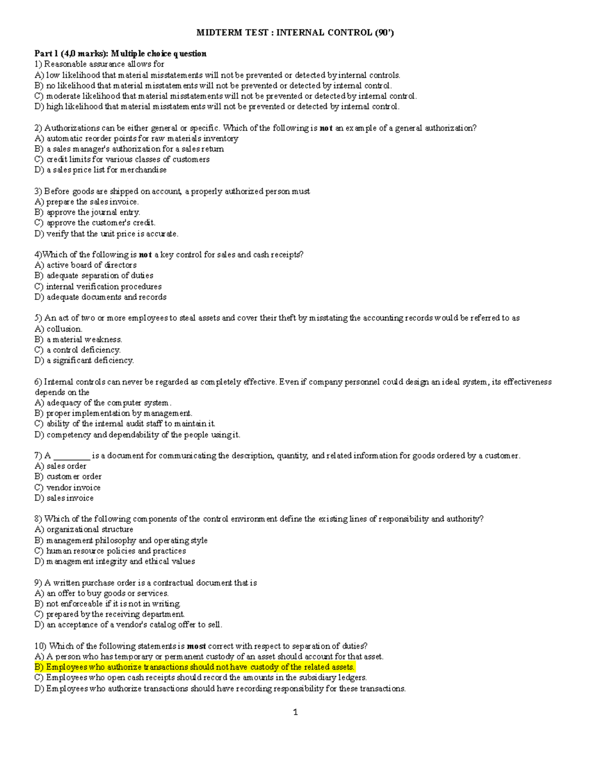 Midterm test - Internal Control - MIDTERM TEST : INTERNAL CONTROL (90 ...