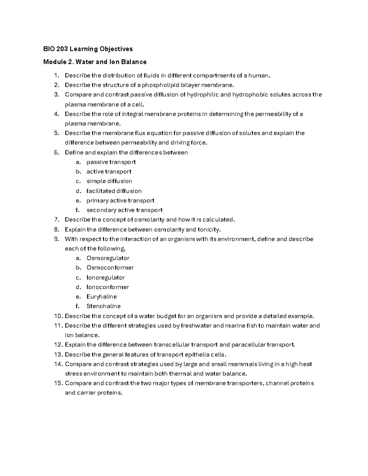 BIO 203 Module 2: Learning Objectives on Water & Ion Balance - Studocu