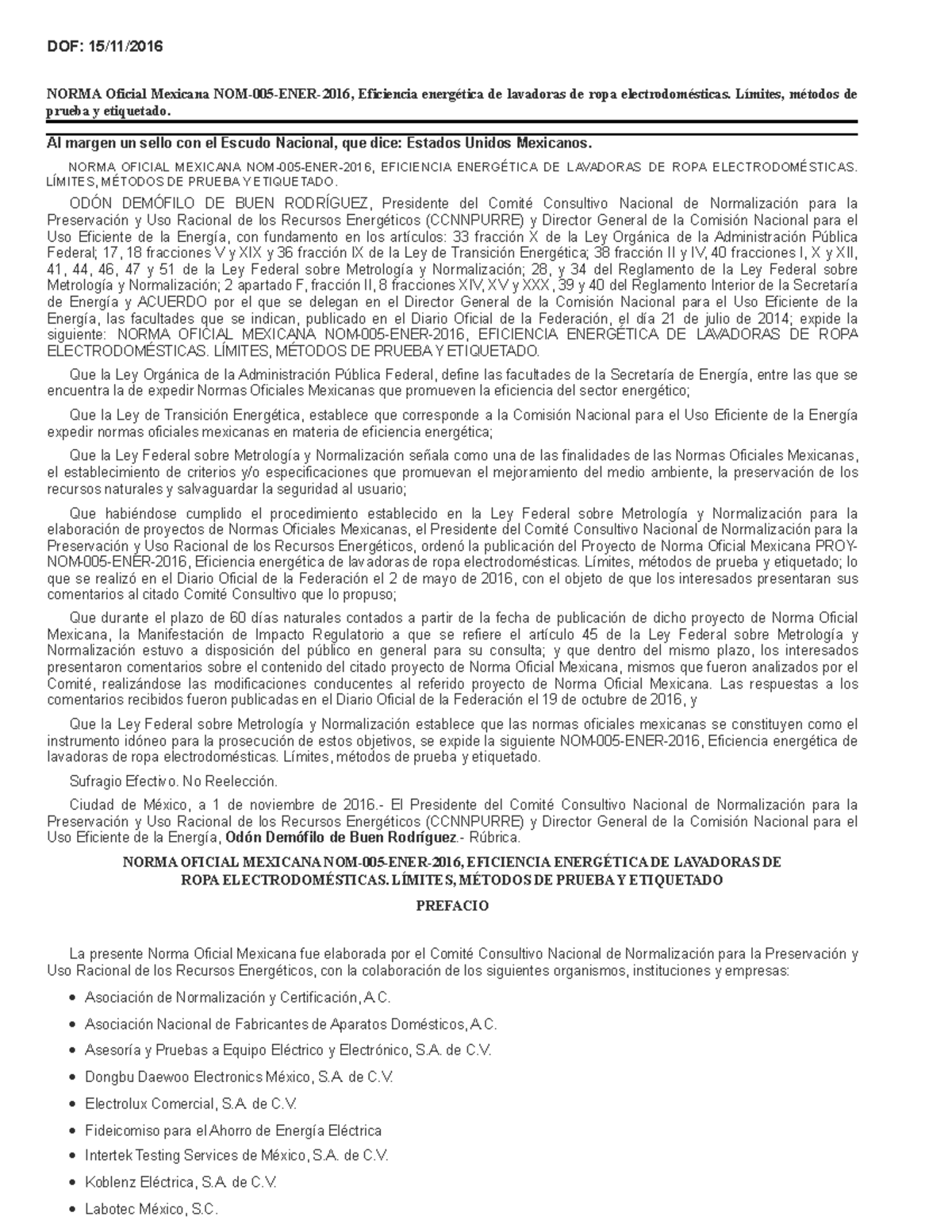 NOM 005 ENER 2016: Eficiencia Energética en Lavadoras de Ropa - Studocu