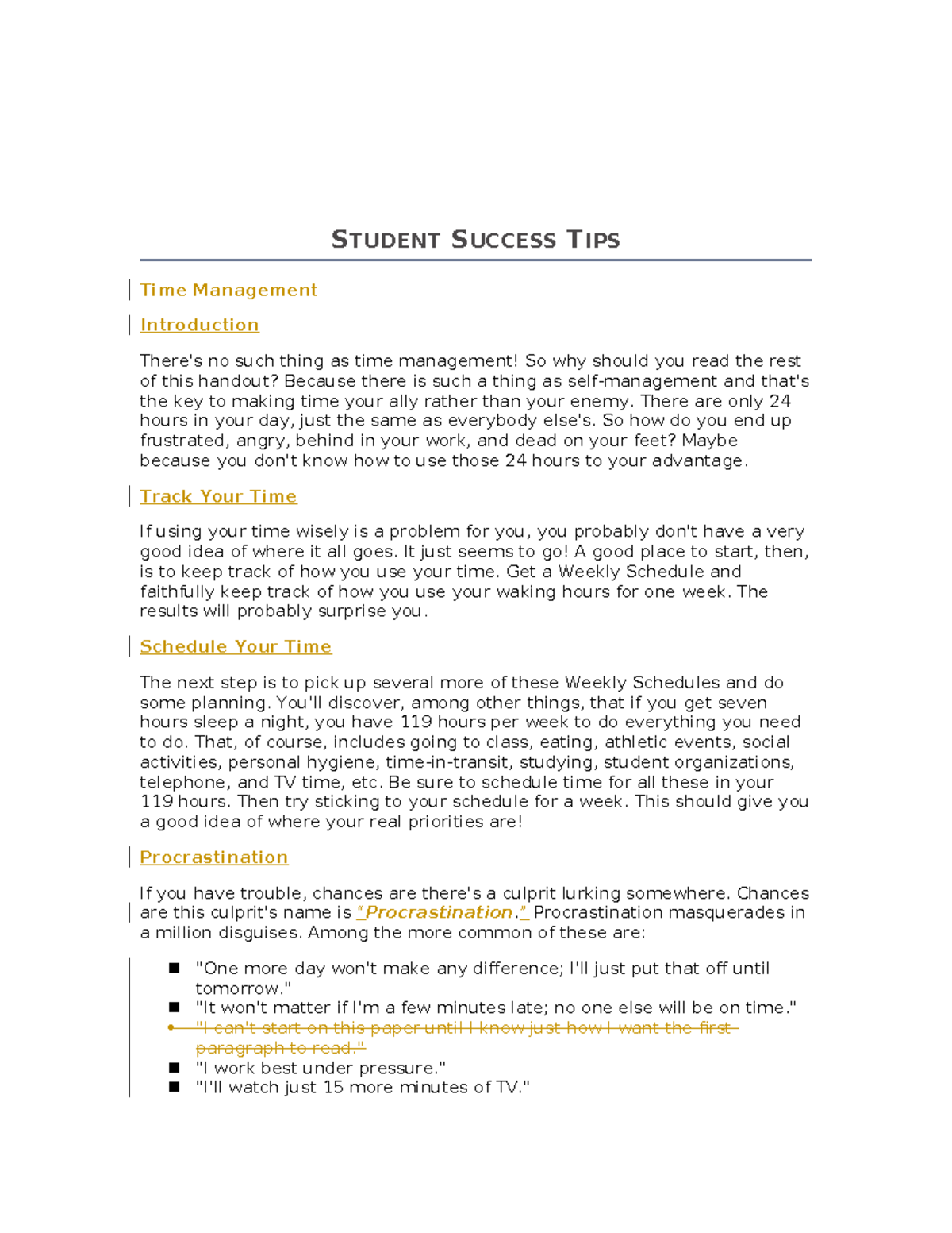 Updated Student Success - STUDENT SUCCESS TIPS Time Management ...
