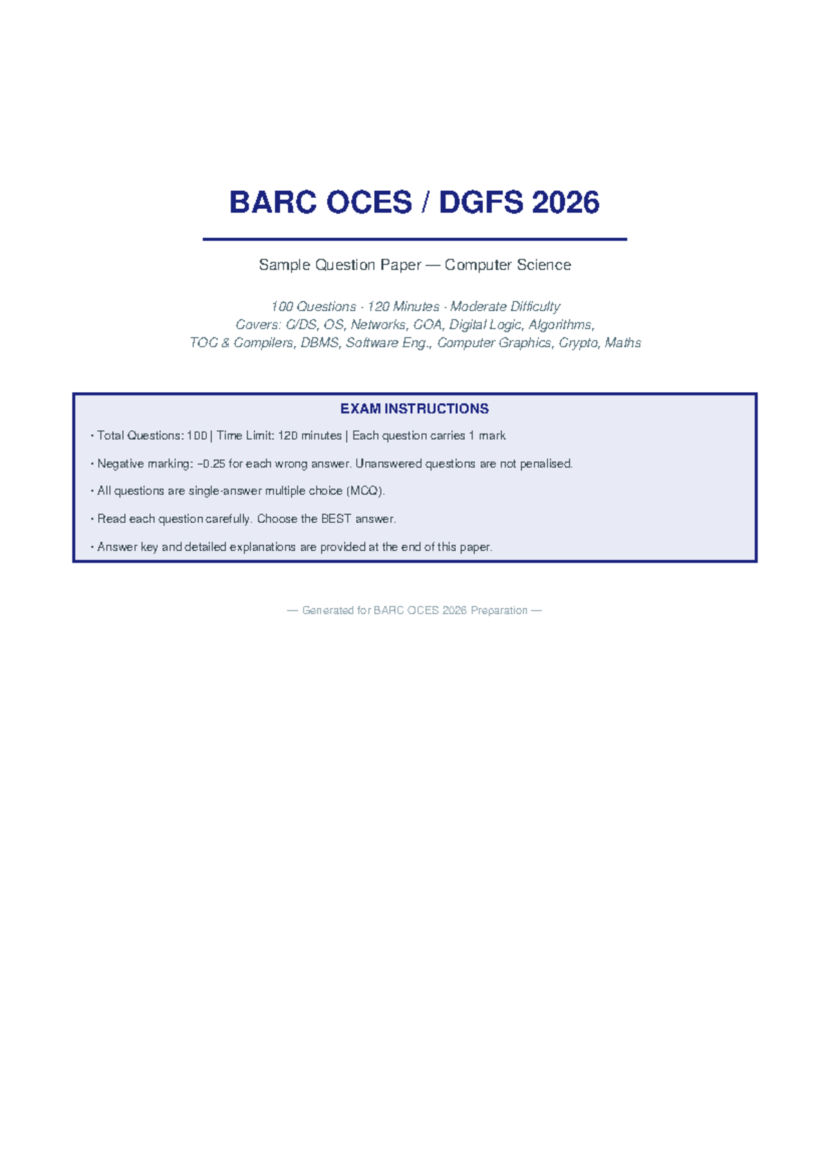 BARC OCES 2026 Sample Question Paper for Computer Science Exam - Studocu