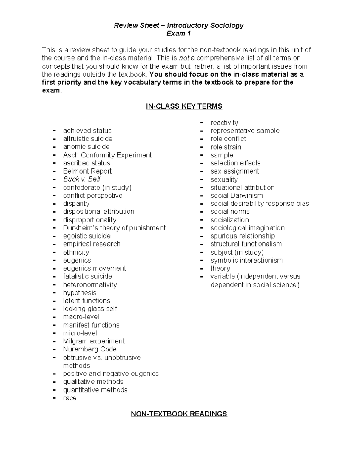 Review Sheet for Introductory Sociology Exam 1: Key Terms & Concepts ...