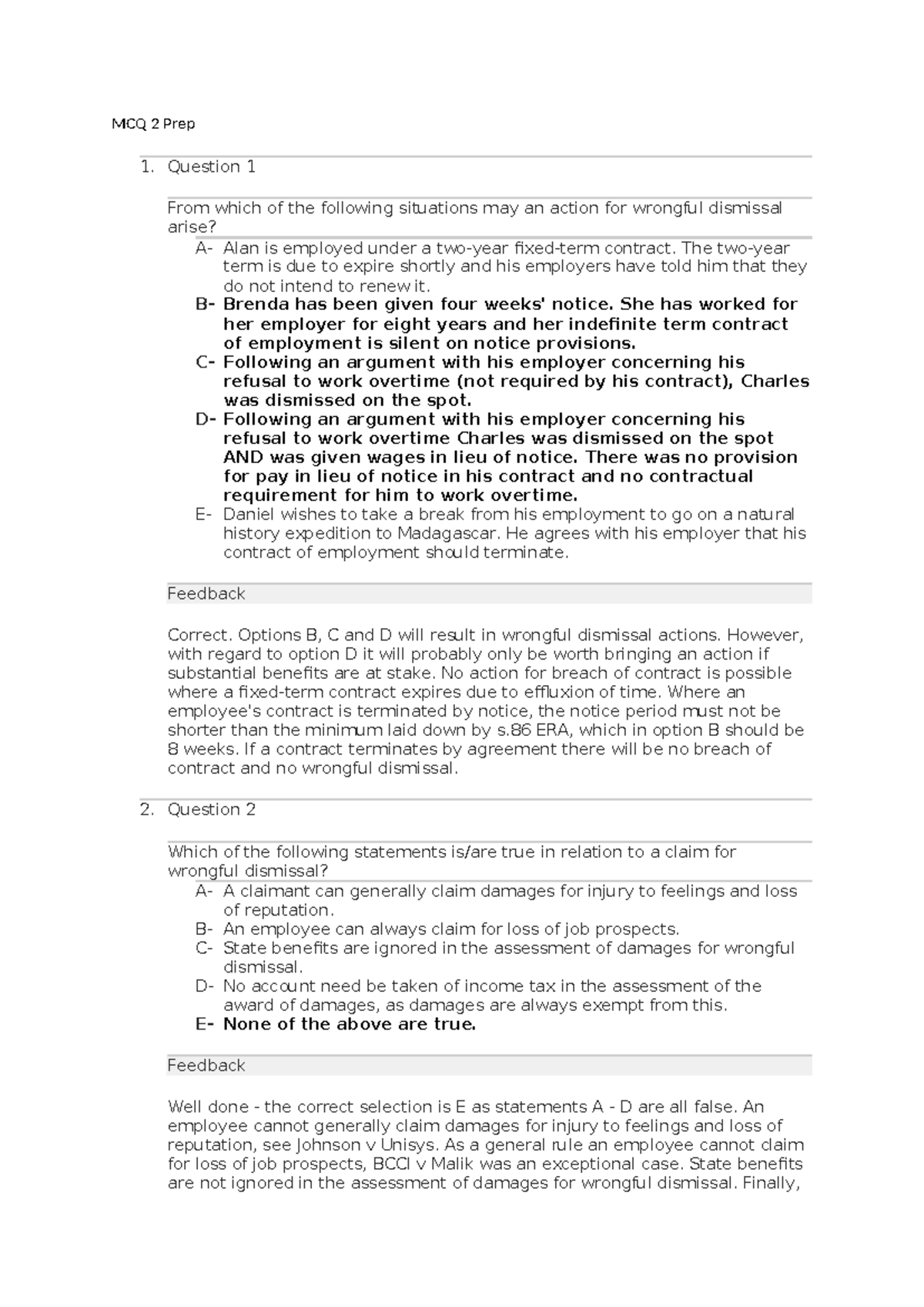 MCQ 2 Prep - Wrongful Dismissal Q&A Practice Notes - Studocu