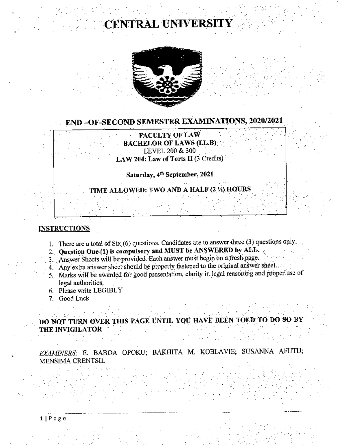 LAW 204: Law of Torts II - Semester Exam Questions (4th Sept 2021 ...
