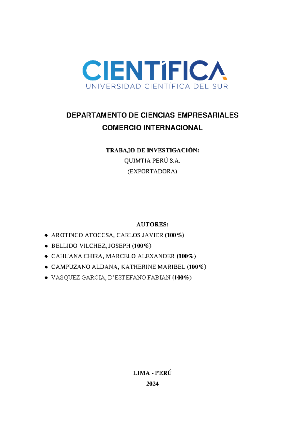 Trabajo de Investigación sobre Quimtia S.A. en Comercio Internacional - Document Preview