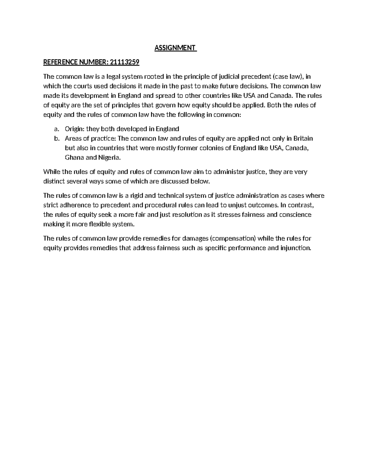 Assignment 211 - ASSIGNMENT REFERENCE NUMBER: 21113259 The common law ...