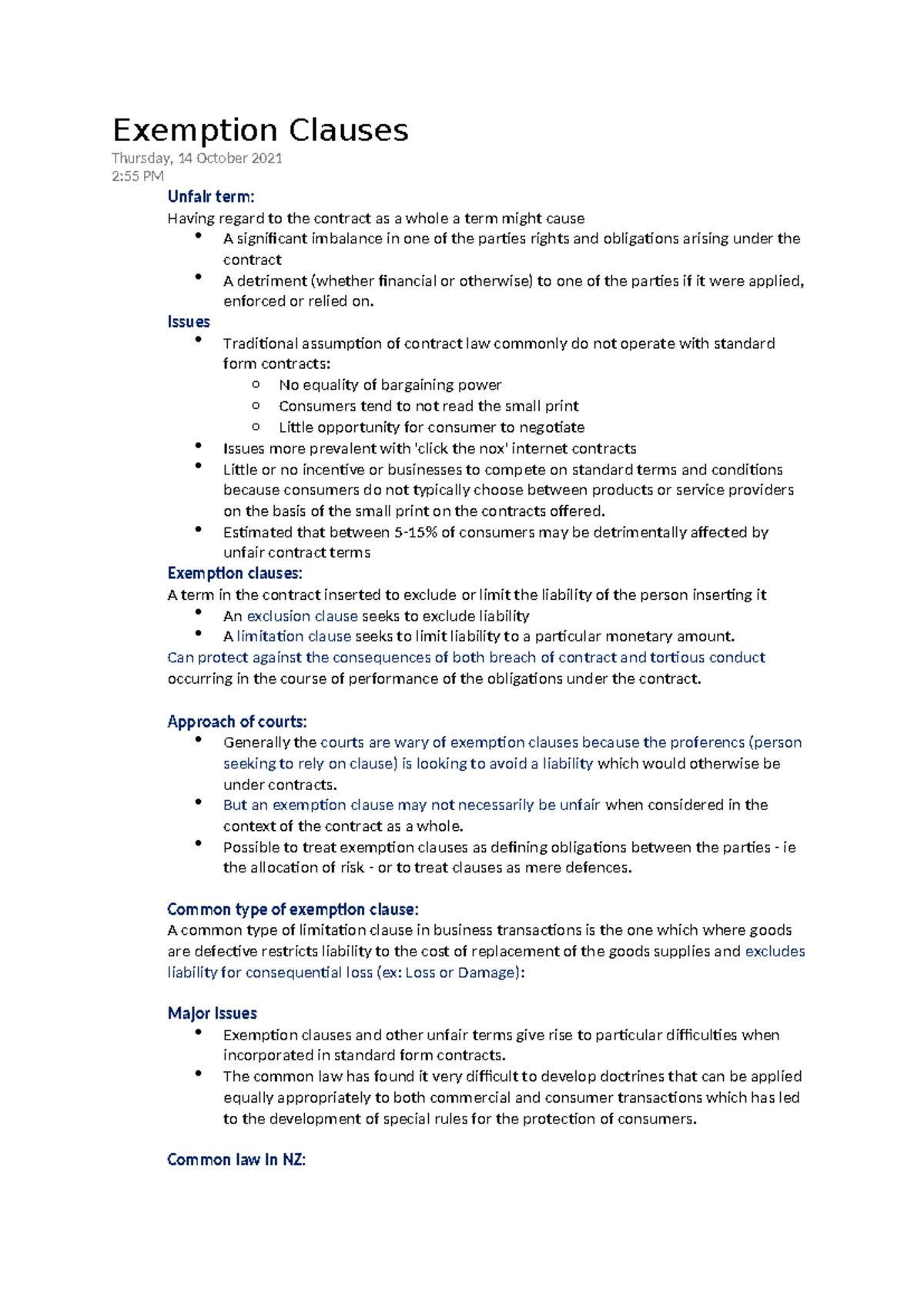Exemption Clauses - Lecture Notes on Unfair Terms and Contract Law ...