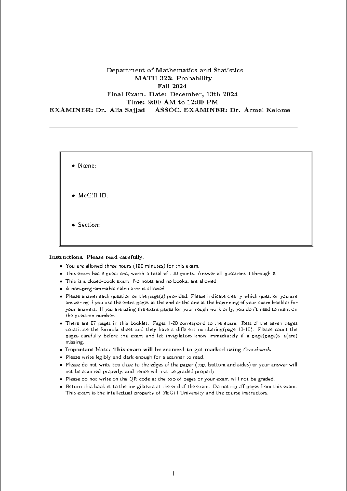 Math 323: Probability Final Exam Guidelines - Fall 2024 - Studocu