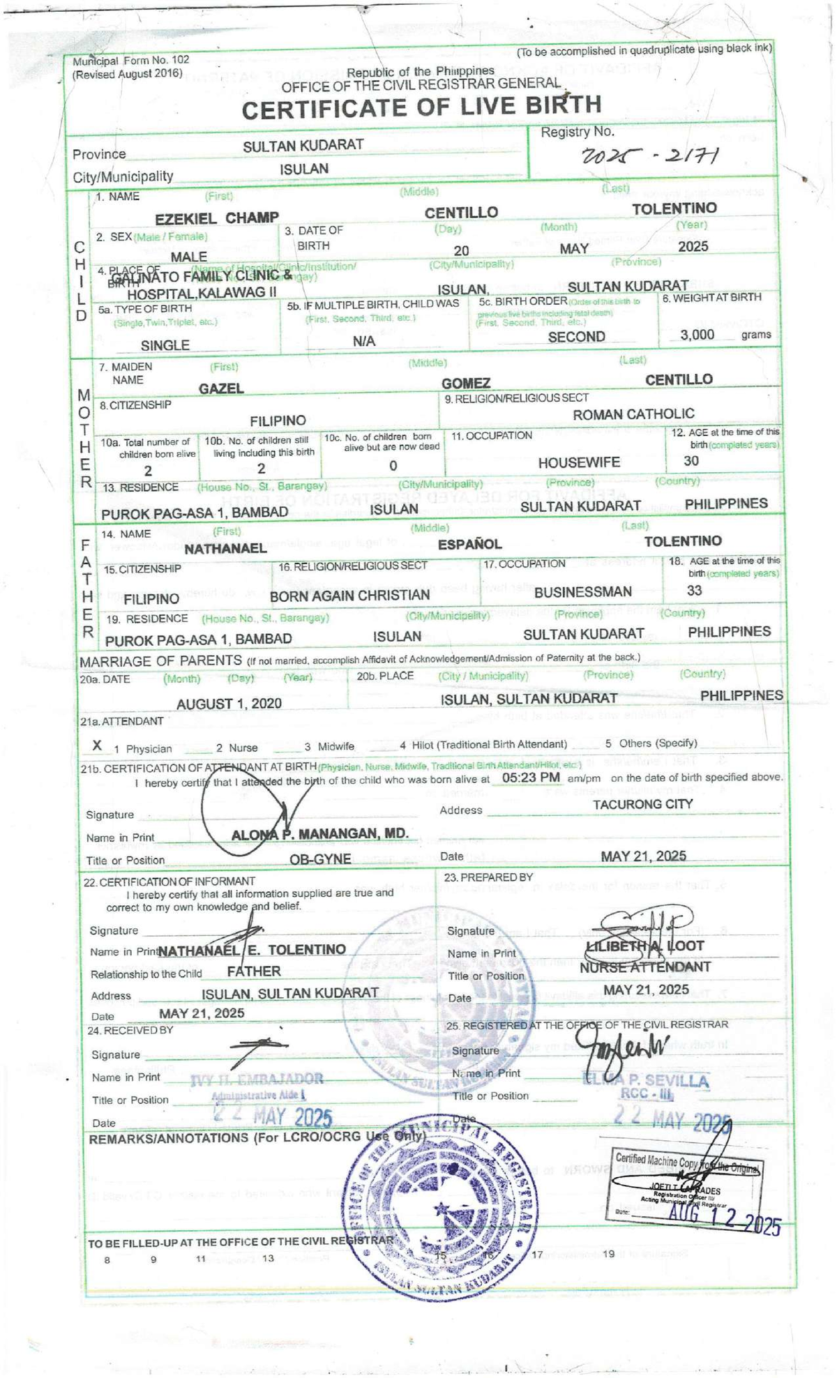 Certificate of Live Birth - Municipal Form No. 102 (Philippines) - Studocu