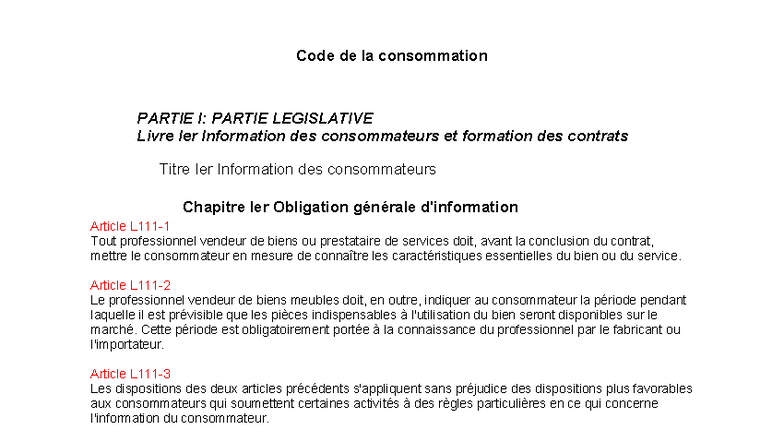 Code de la consommation - Partie I: Information et Obligations des ...
