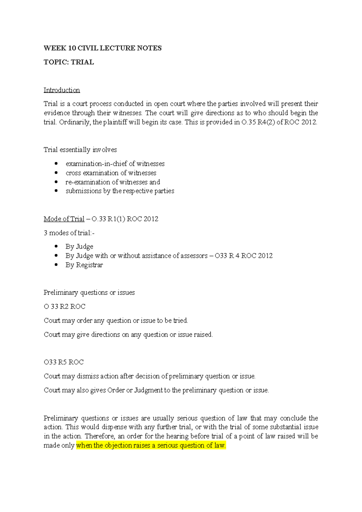 CIVIL LECTURE WK 10 NOTES: TRIAL PROCEDURES AND CASES - Studocu