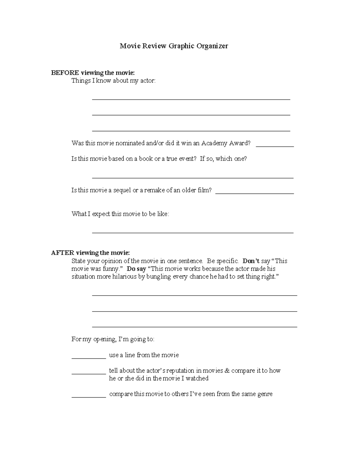 ENG 101 Movie Review Graphic Organizer Template and Guidance - Studocu