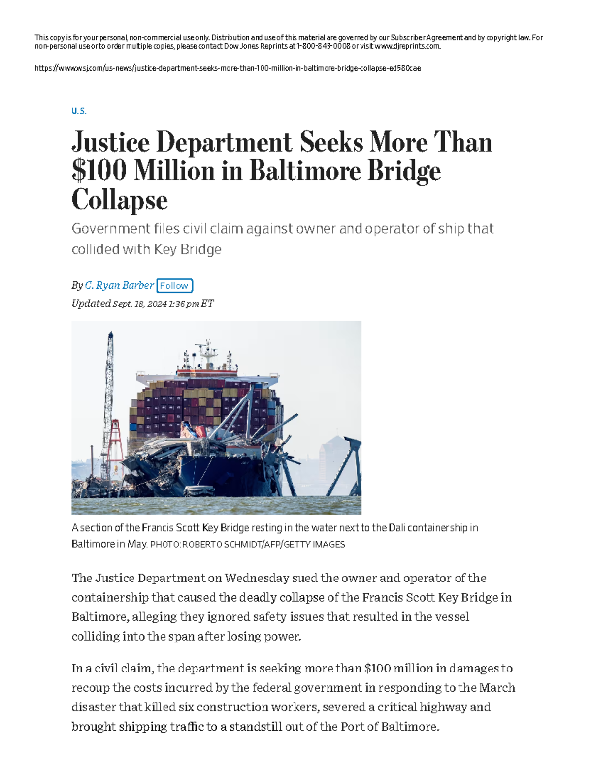 Justice Dept Seeks $100M in Key Bridge Collapse Claim - WSJ - Studocu
