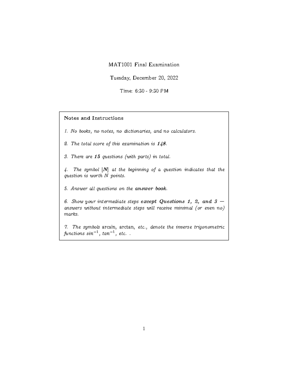 MAT1001 Final 2022 - MAT1001 Final Examination Tuesday, December 20 ...