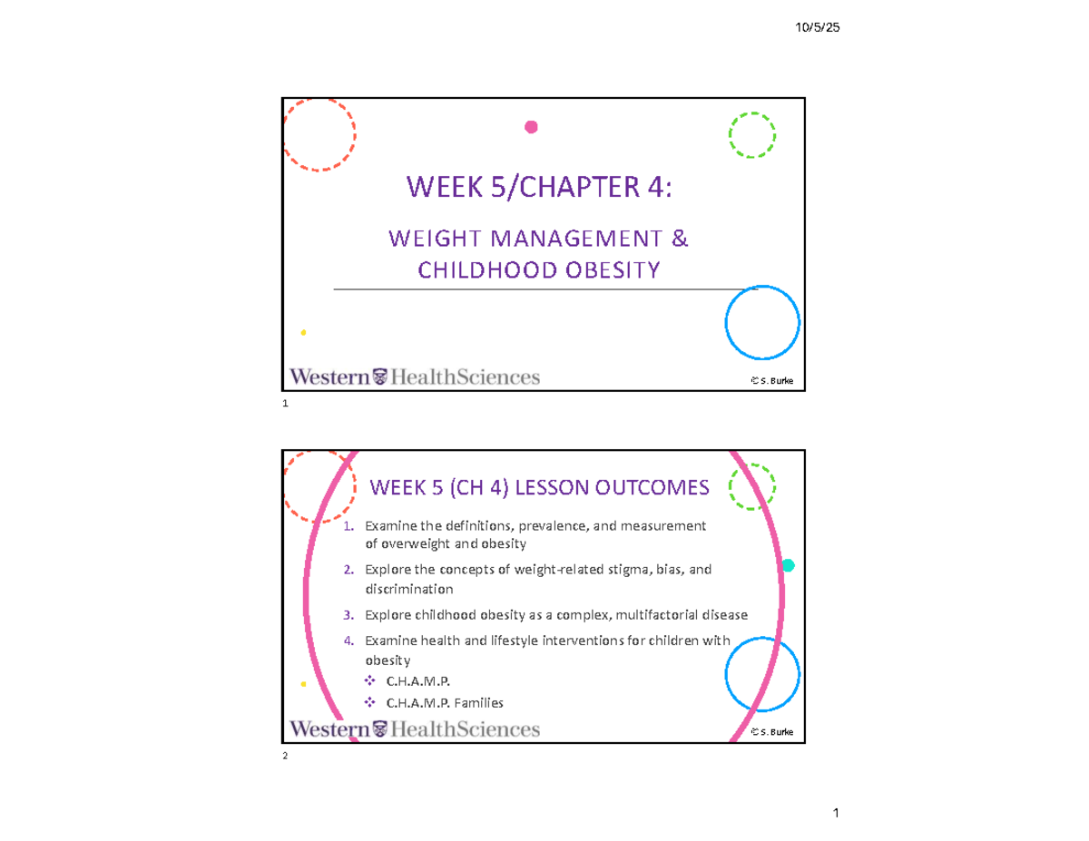 WEEK 5: CHILDHOOD OBESITY & WEIGHT MANAGEMENT LECTURE NOTES - Studocu