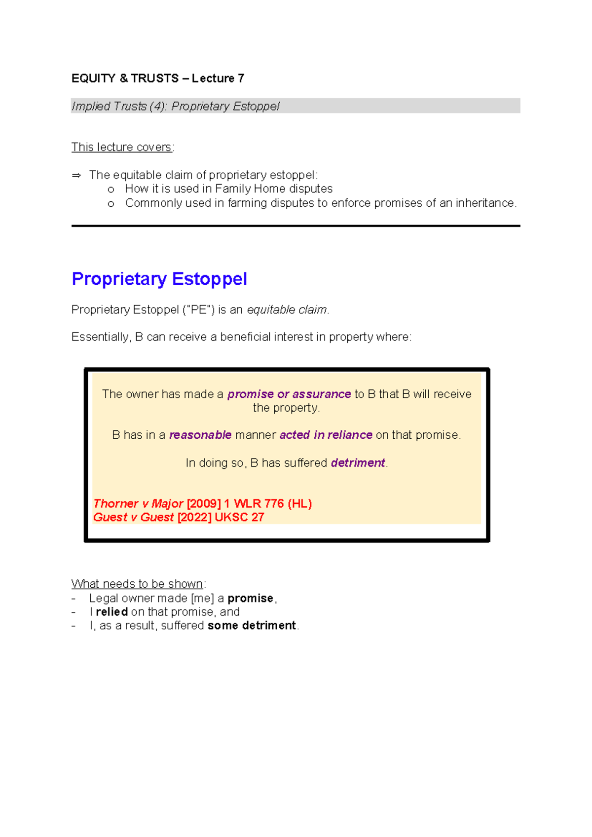 L7 Propreitary Estoppel - EQUITY & TRUSTS – Lecture 7 Implied Trusts (4 ...