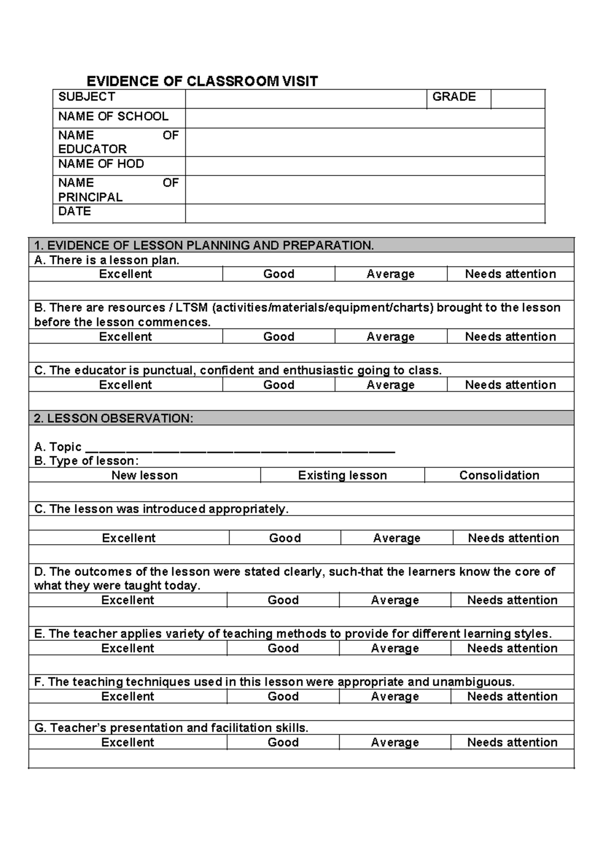 Class Visit Monitoring Tool: Evidence of Lesson Planning & Observation ...