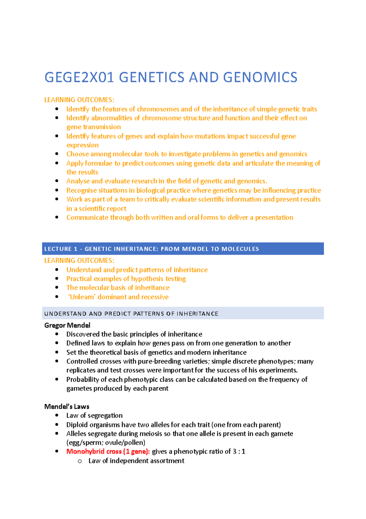 GEGE2X01 Genetics and Genomics: Lecture Notes on Inheritance and Traits ...
