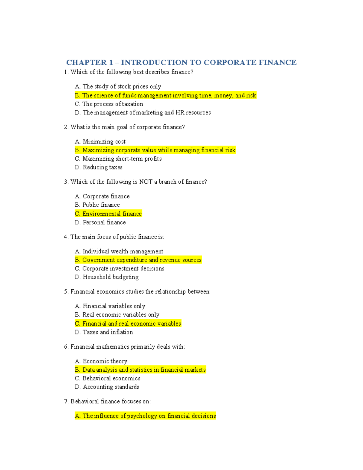 CHAPTER 1 MCQ PRACTICE EXERCISE IN CORPORATE FINANCE - Studocu