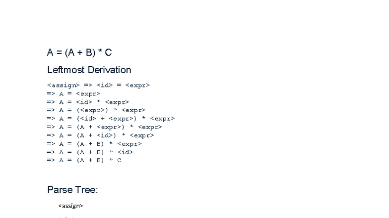 Parse Tree and Leftmost Derivation Examples for A B C - Studocu