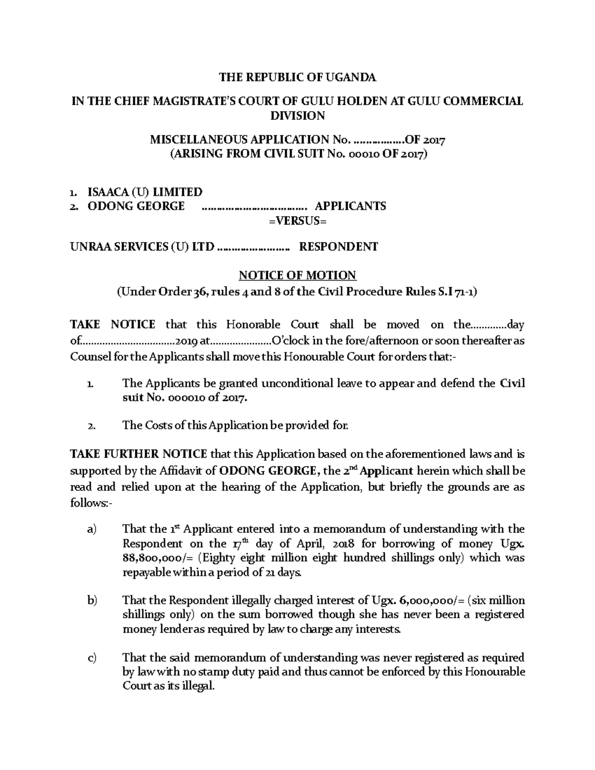 Sample Notice of Motion for MISC. APP. No. 00010 of 2018 in Gulu Court ...