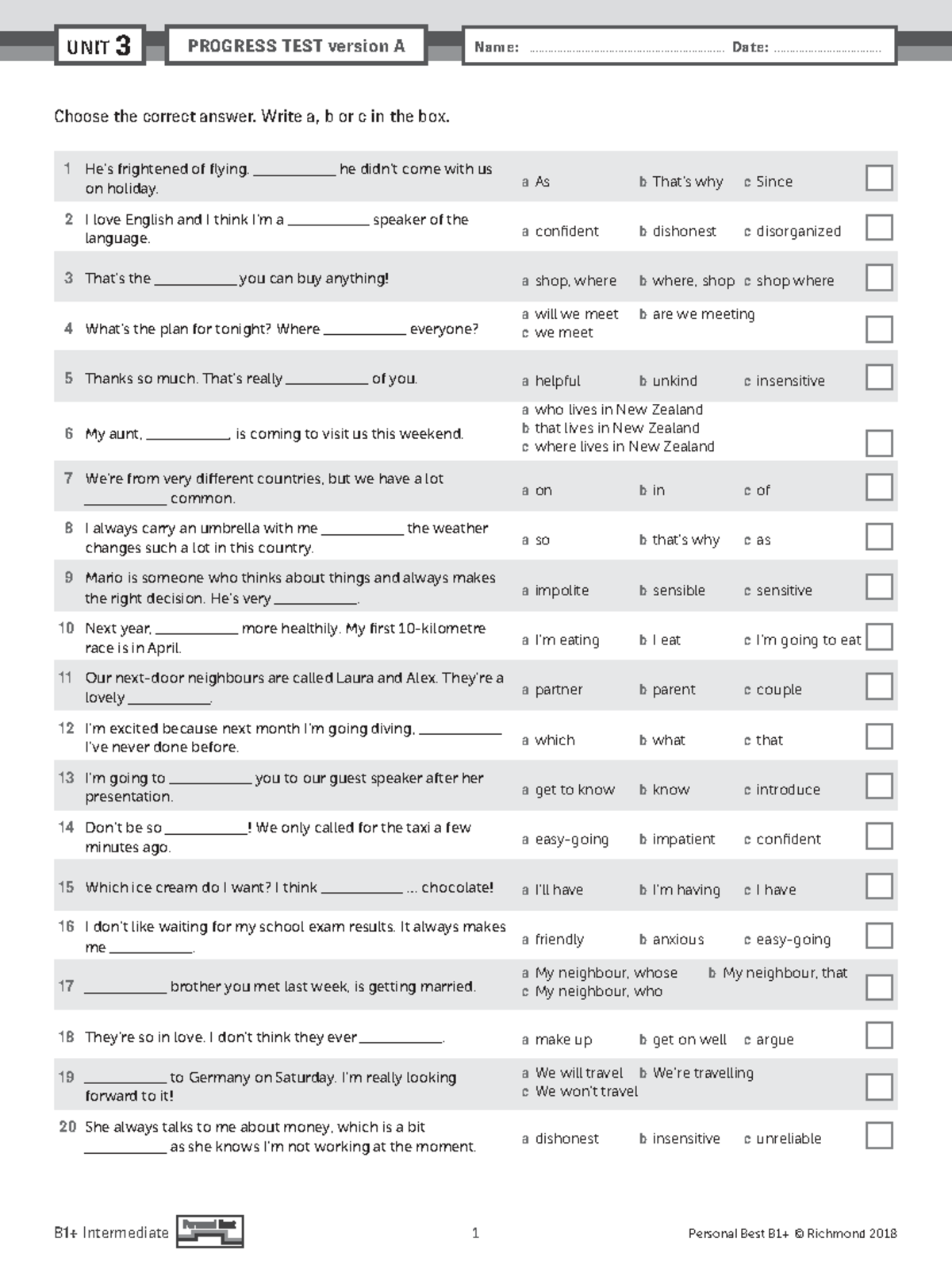 PB Br E B1+ Unit 3 Progress Test Version A - Studocu
