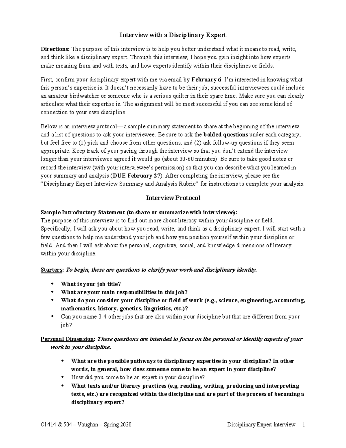 CI 414 504 Disciplinary Expert Interview Assignment Guidelines - Studocu