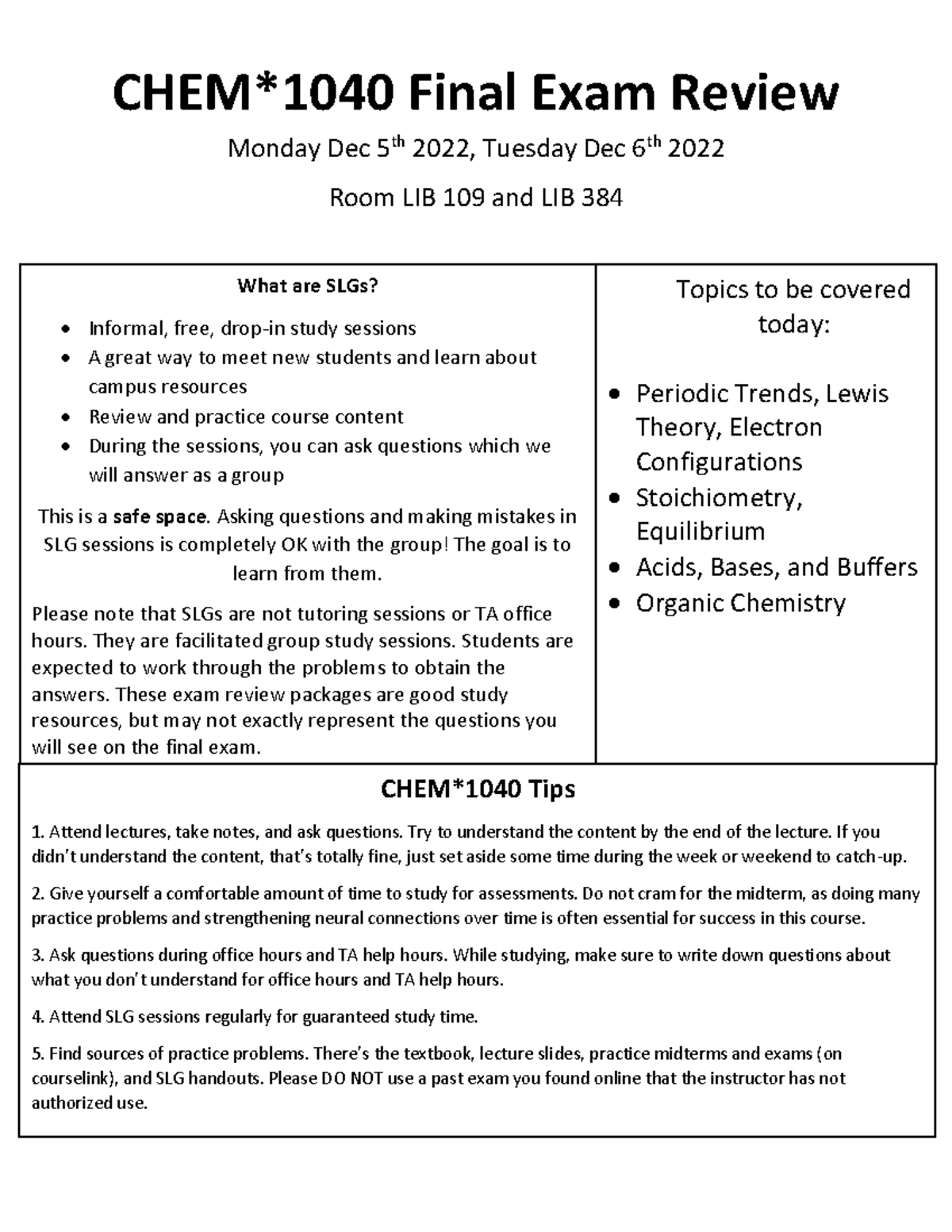 CHEM*1040 F22 Final Exam Review Guide and Study Tips - Studocu