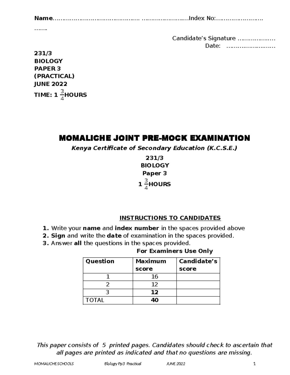 Biology Paper 3 Practical Exam - K.C.S.E. June 2022 - Studocu
