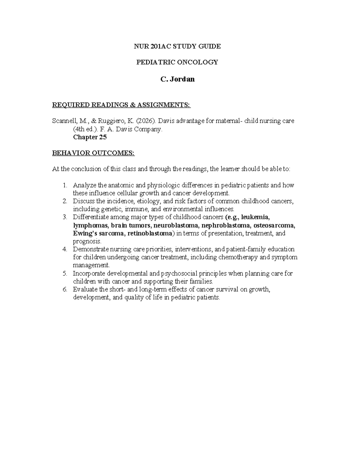 NUR 201AC Pediatric Oncology Study Guide and Key Concepts - Studocu
