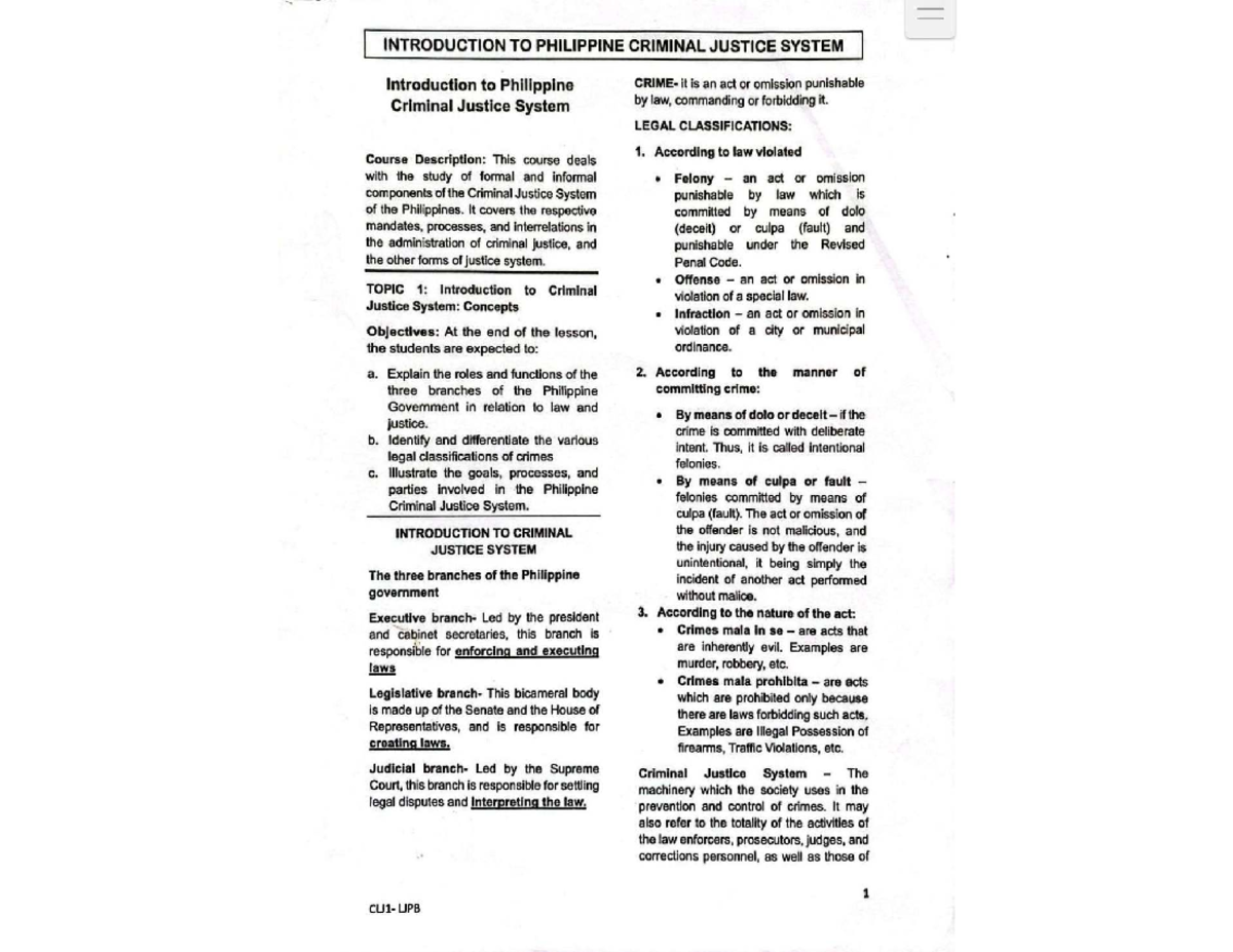UPB INTRODUCTION TO PHILIPPINE CRIMINAL JUSTICE SYSTEM: Lessons 1-7 ...