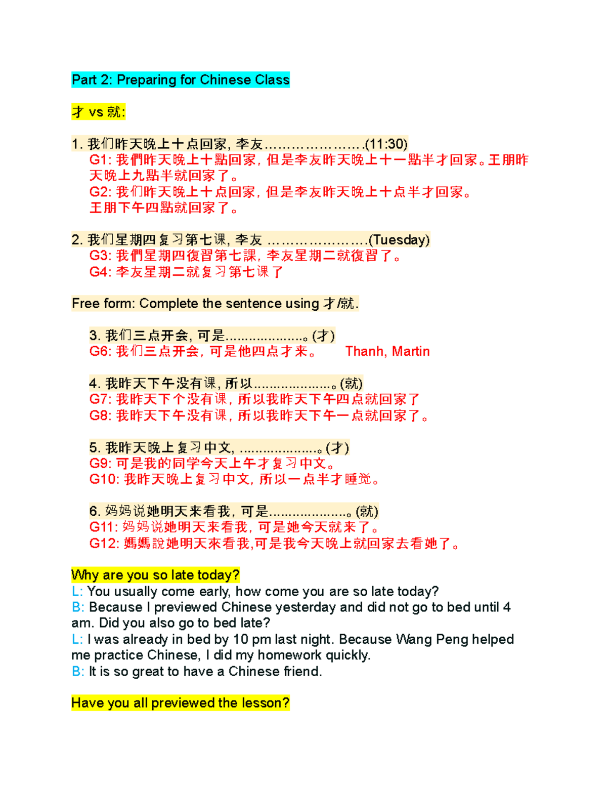 Chinese Class Preparation: 才 vs 就 - Studocu