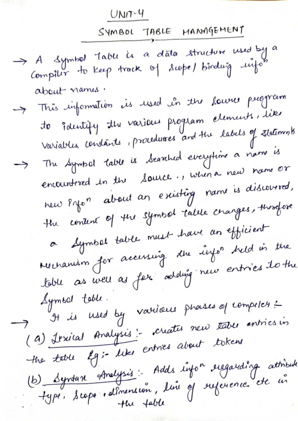 Unit 4: Symbol Table Management in Compiler Design Notes - Studocu