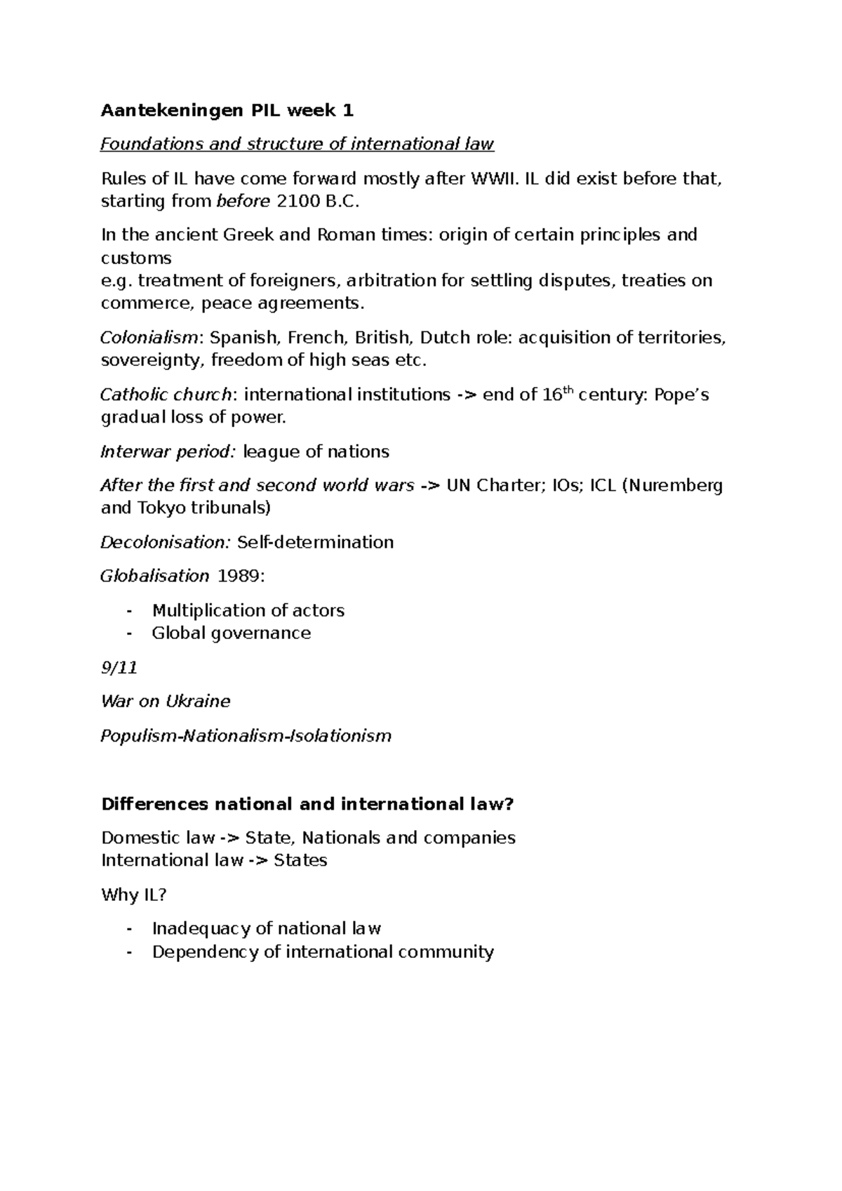Aantekeningen PIL Week 1: Foundations of International Law - Studeersnel