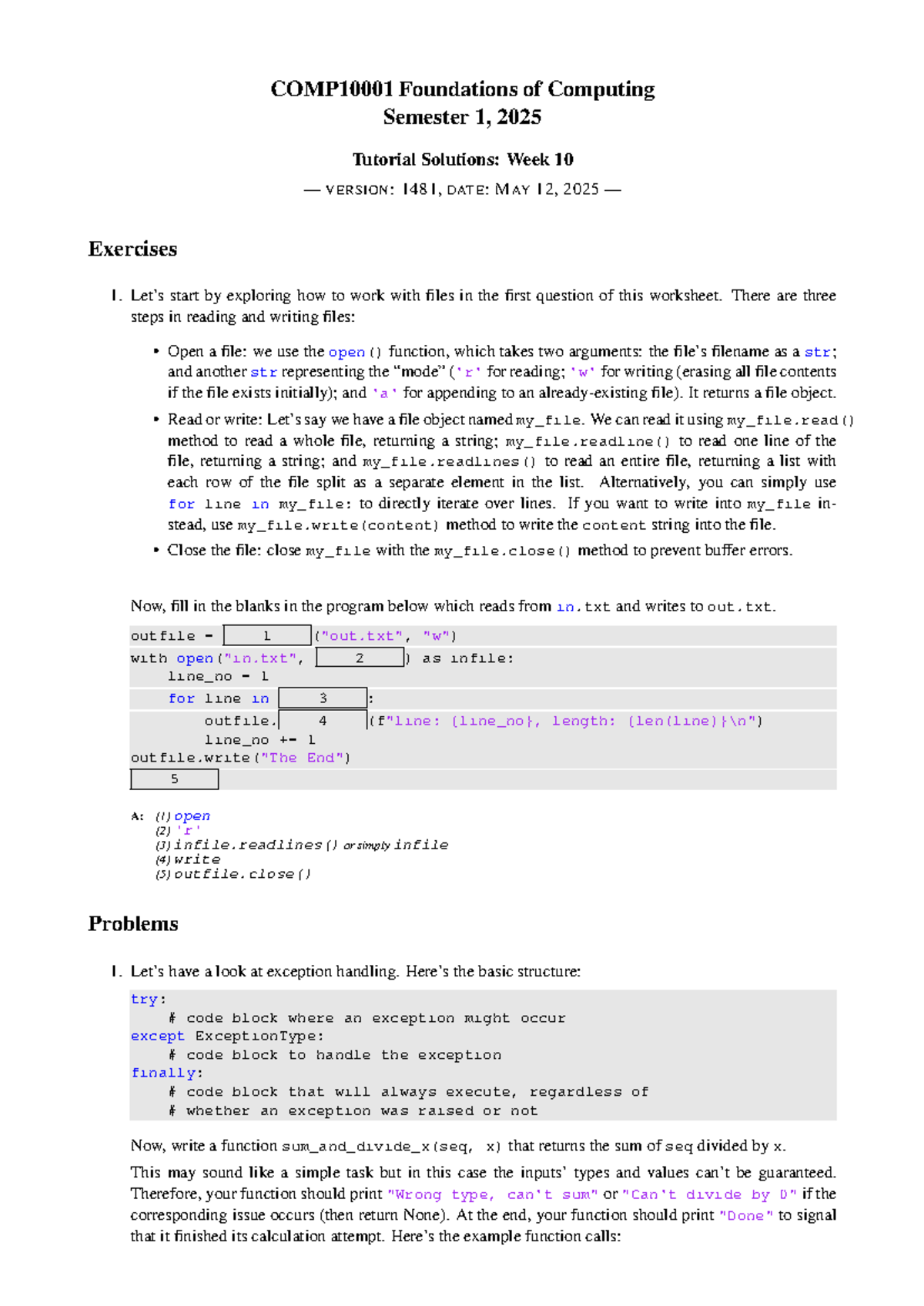 Foundations of Computing COMP10001 Week 10 Tutorial Solutions - Studocu