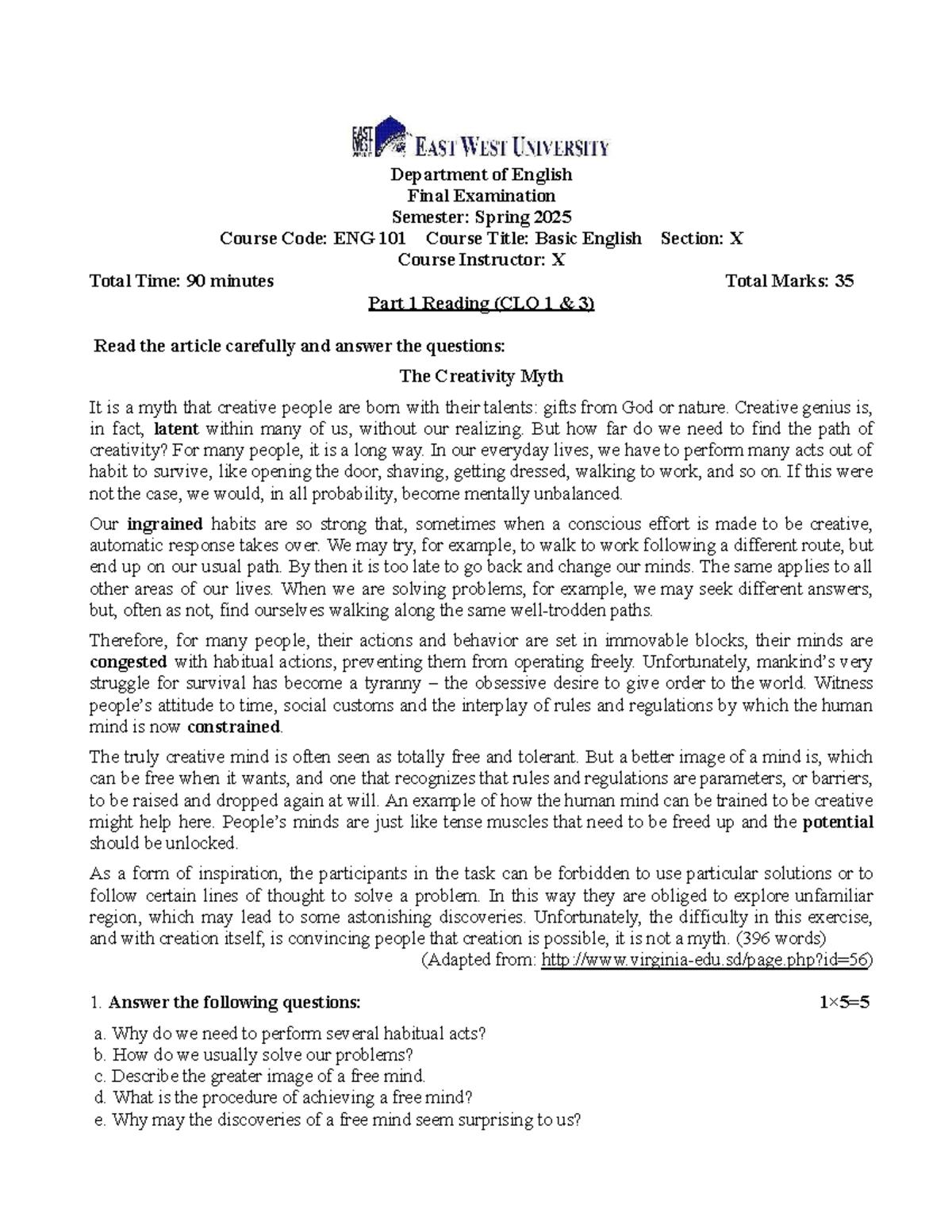 ENG 101 Sample Final Exam Questions - Spring 2025 - Studocu