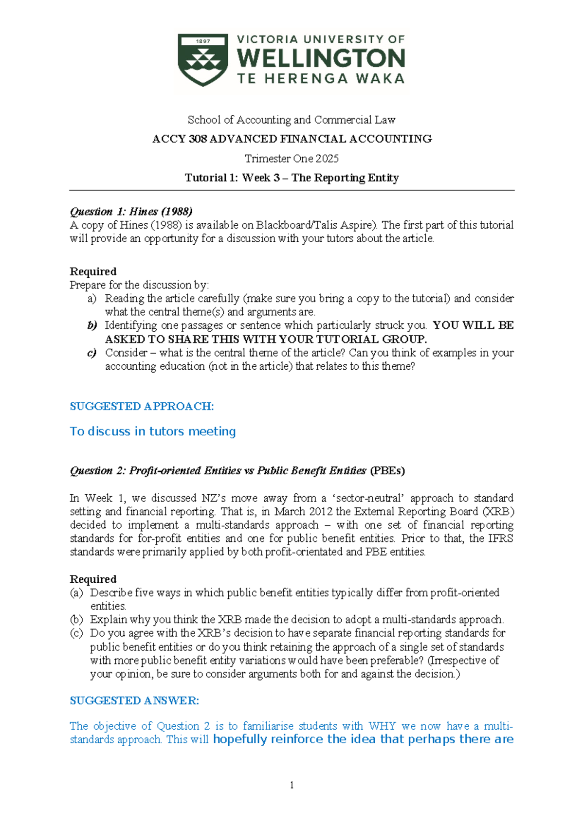 ACCY 308 Tutorial 1 Solutions: Understanding the Reporting Entity - Studocu
