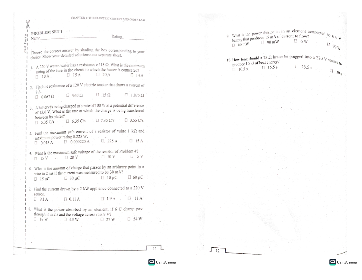EE19 Electric Circuit Problem Set 1 and 2: Solved Exercises and ...