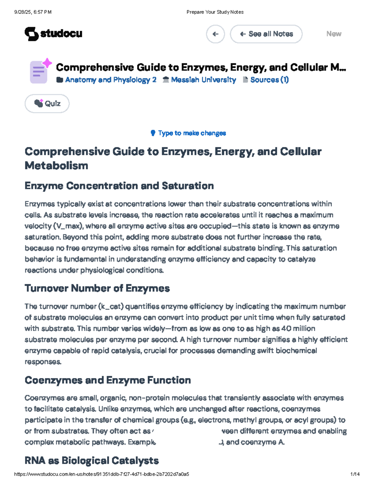 Comprehensive Study Notes for Exam 2: Enzymes, Energy & Cell Metabolism ...