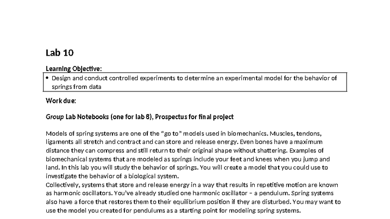 Lab 10: Harmonic Motion and Spring Behavior Analysis - Studocu