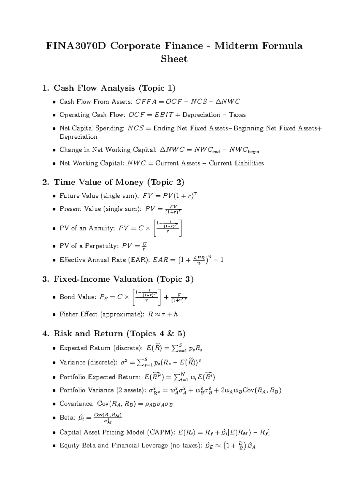 FINA3070D Corporate Finance Midterm Exam Formula Sheet - Studocu